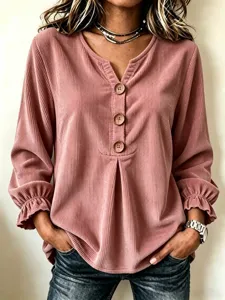 Women's corduroy long sleeve V-neck button blouse casual shirt top detailed texture apparel