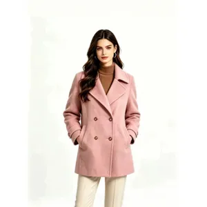 Stylish pink wool coat detail featuring classic lapel collar and double-breasted buttons.