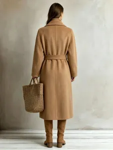 Women camel long wool coat autumn winter casual commuter belted trench coat elegant outerwear