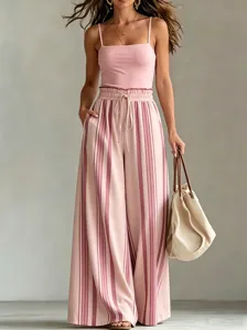 Ete femmes decontractee rayee jambe large pantalon taille haute cordon mode vetement chic