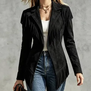 Femme veste noire en suédine à franges automne hiver revers slim manches longues top