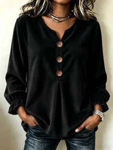 Women's corduroy long sleeve V-neck blouse with chic wooden buttons and casual daily style.
