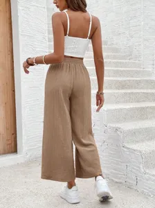 Comfortable casual women's khaki wide leg pants with elastic drawstring waist for daily wear.