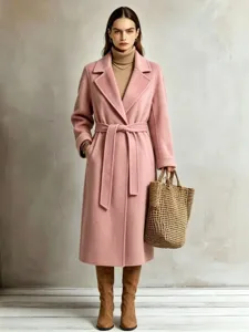 Detail view of the elegant pink long wool blend coat featuring a chic lapel and waist belt.