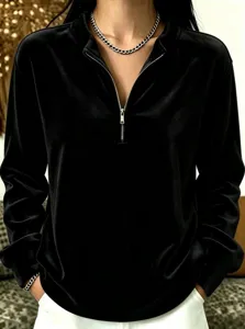 Women's black velvet quarter-zip long sleeve sweatshirt casual fleece autumn top.