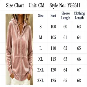Size chart guide for women solid color drawstring hooded zip up long sleeve velvet hoodie casual top