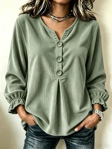 Women corduroy V-neck long sleeve blouse button cuff casual top shirt detail view