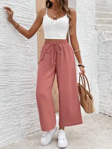 Casual women solid color loose drawstring straight pants detail view for daily wear
