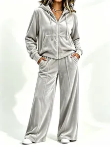 Ensemble survetement velours femme sweat zippe a capuche pantalon large gris automne