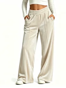 Detail view of women casual velvet wide leg pants high waist drawstring loose trousers