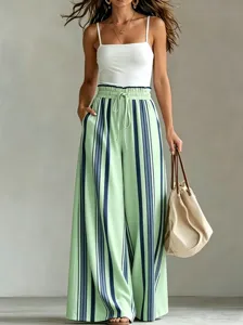 Pantalon large rayé décontracté pour femme d'été, pantalon droit taille haute avec cordon de serrage.