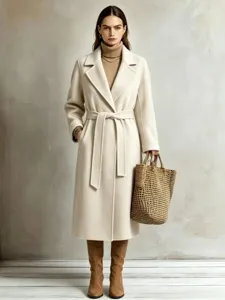 Elegant long wool coat detail, classic lapel with belted waist, perfect autumn winter style.