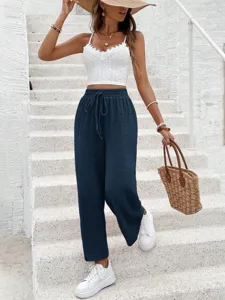 Casual wide-leg pants for women, solid color loose fit with drawstring, perfect for summer.