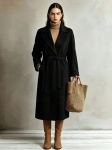 Women long black wool coat casual commuter chic lapel winter outwear belt 2026 new