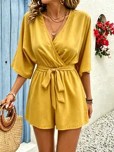 Summer women elegant fashion V-neck solid color jumpsuit detail view, stylish casual wear.
