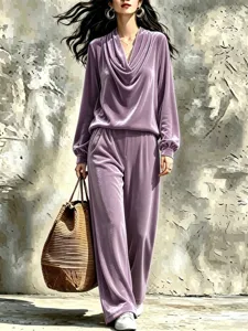 Womens velvet loungewear set featuring draped cowl neck top and wide leg pants for autumn.