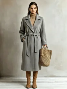 Women's grey long lapel wool coat winter elegant casual commuting outerwear detail shot.