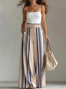 Pantalon large rayé décontracté d'été pour femme, taille haute confortable avec cordon.