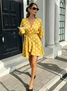 Yellow polka dot V-neck wrap summer dress for women, casual short sleeve slim fit dress.