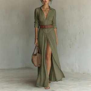 Detailed view of the olive green shirt dress, featuring high waist pleats and stylish brown belt.