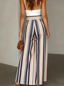 Pantalon large décontracté rayé d'été pour femmes, taille haute cordon serré droit.