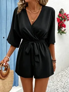 Women Summer Elegant V-Neck Solid Color Jumpsuit Belted Casual Short Sleeve Romper Outfit