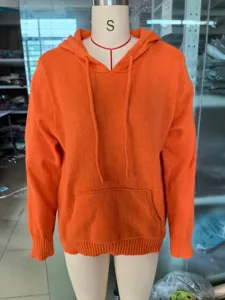 Orange knitted hooded sweater women casual solid color pullover with pocket autumn winter