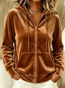 Velvet zip-up hoodie for women, casual long sleeve hooded sweatshirt with front pockets.