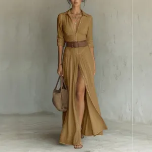 Khaki long sleeve shirt dress detail, pleated high waist design, chic front slit and belt.