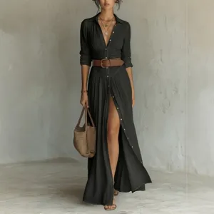 Elegant long sleeve button down maxi shirt dress with belt and split hem for women.
