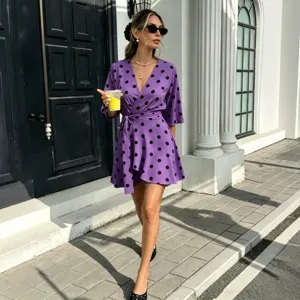 Women's Casual Polka Dot V-Neck Short Sleeve High Waist A-Line Mini Dress Sexy Streetwear Summer Dress