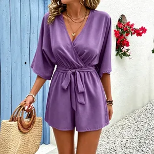 Elegant Women V Neck Short Sleeve Romper Jumpsuit Solid Color Tie Waist High Waist Summer Fashion Polyester One Piece Short Jumpsuit