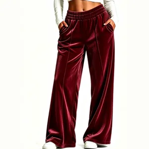 Womens velvet wide leg trousers high waist casual loose drape winter warm long pants