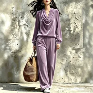 Women Fashion Velvet Loungewear Set Casual Cowl Neck Long Sleeve Top And Straight Leg Pants Autumn Winter Solid Color Tracksuit Women Clothing