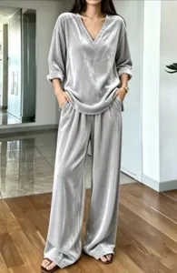 Velvet V-neck long sleeve top and wide leg pants two piece set for women stylish outfit.