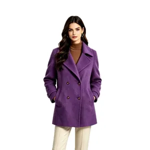 Women winter purple wool blend coat lapel double breasted casual commuter outerwear daily look