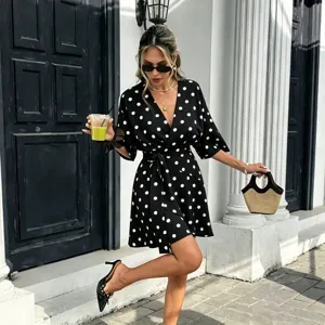 Summer women's black white polka dot v-neck wrap short dress elegant casual chic outfit