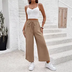Women Casual Solid Color Drawstring Loose Wide Leg Pants Summer Breathable Cotton Trousers