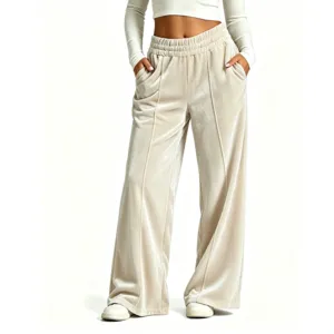 Beige velvet wide leg pants for women, high waist casual drape trousers for autumn and winter.