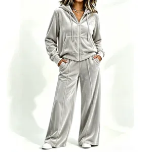 Ensemble de survêtement en velours pour femme sweat à capuche zippé et pantalon large gris