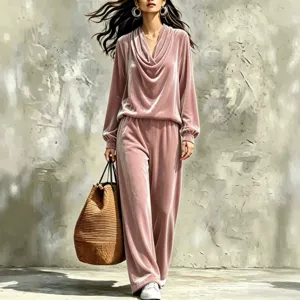 Pink velvet tracksuit set for women, cowl neck long sleeve top and wide leg pants.