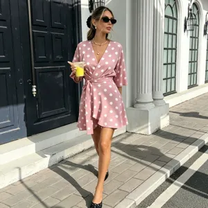 Summer women polka dot V-neck mini dress high waist slim wrap short dress for ladies