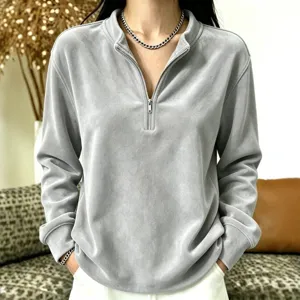 Women Half Zip Solid Color Fleece Sweatshirt Casual Long Sleeve Grey Pullover Top Main