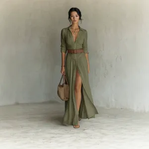 Women Long Sleeve Lapel Shirt Dress Elegant High Waist Pleated Maxi Dress With Belt Casual Commuter Long Dress