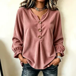 Women's Casual Corduroy Long Sleeve V-Neck Blouse Solid Color Button Decor Commute Shirt Top