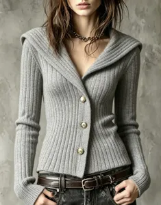 Slim-fit ribbed knit cardigan with long sleeves, V-neck, and chic button-down front.