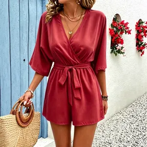 Elegant V-neck solid color short jumpsuit for women summer casual fashion stylish romper outfit