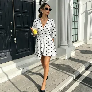Summer women polka dot V-neck wrap short dress high waist slim fit casual daily outfit