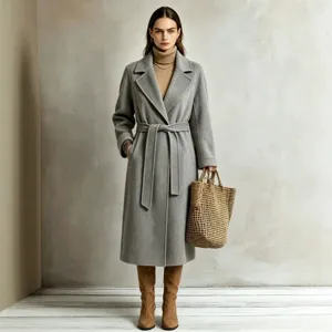 Classic women's grey long lapel overcoat, elegant autumn winter casual trench coat.
