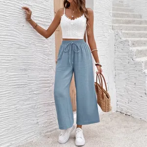 Women casual solid color loose drawstring straight leg wide trousers main product display